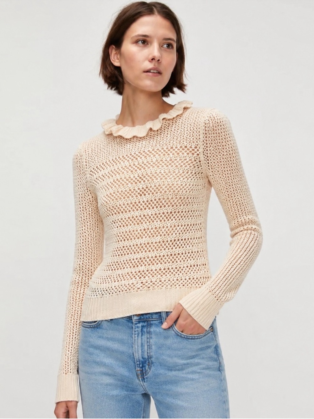 NWT 7 For All Mankind Open Knit Ruffle Neck Sweater Lavender Small